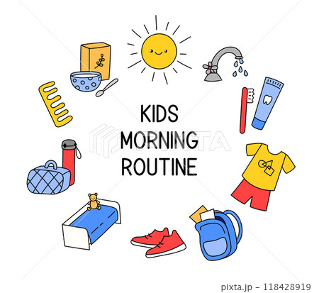 Kids morning routine vector illustration. Clipart, objects, daily tasks for kids before school. Preparation to week day. Funny clip art Kids morning routine vector illustration. Clipart, objects, daily tasks for kids before school. Preparation to week day. Funny clip art 118428919