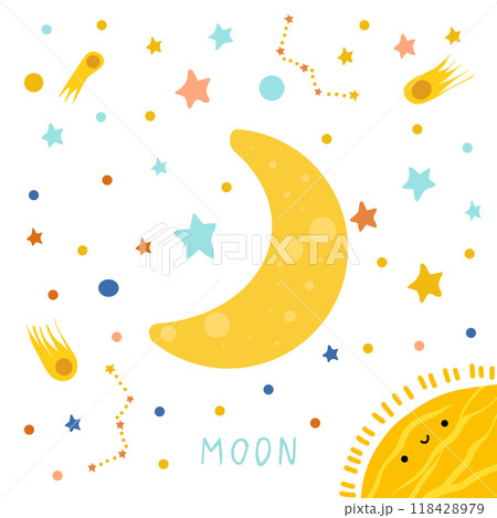 Solar system of planets for kids. Moon with cartoon face. Vector illustration. Cartoon planet. Solar system of planets for kids. Moon with cartoon face. Vector illustration. Cartoon planet. 118428979