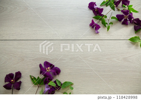 branch of blooming purple clematis, on a light wooden table branch of blooming purple clematis, on a light wooden table 118428998