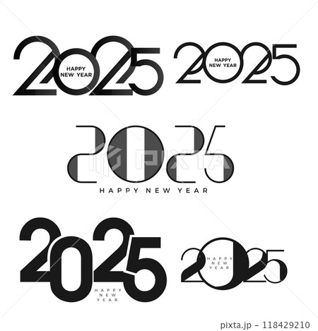 Minimalistic 2025 Happy New Year text designs in black and white. Vector 118429210