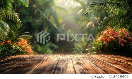 Serene background with wooden table in lush jungle at sunrise. Product presentation. Generative AI 118429403