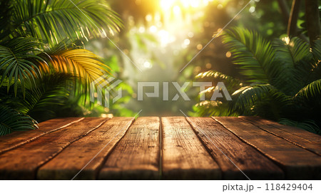 Serene background with wooden table in lush jungle at sunrise. Product presentation. Generative AI 118429404