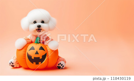 Funny Puppy dog in halloween festival costume on pastel background. Halloween Concept. 118430119