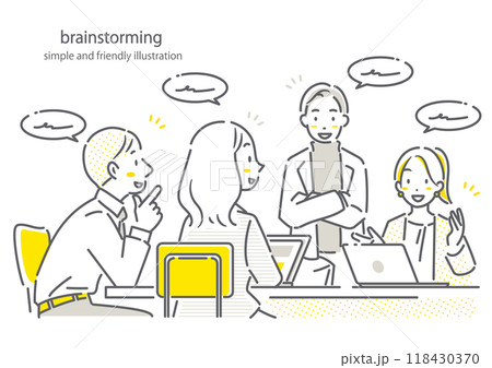 ビジネスミーティングで話し合いをする人々　シンプルでお洒落な線画イラスト 118430370