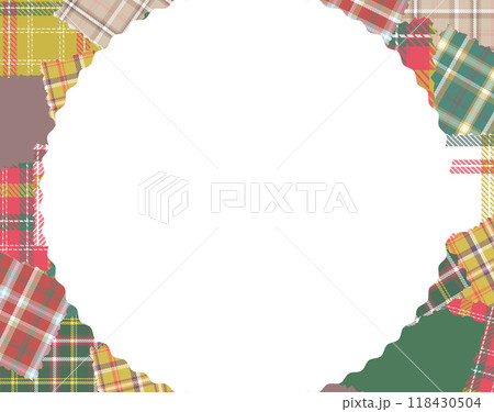 チェック柄の布切れの円形フレーム　横型 118430504