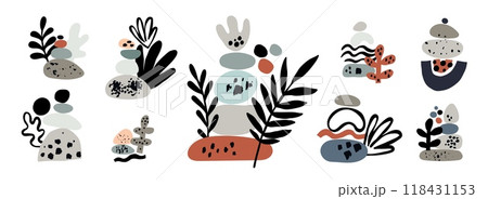 Abstract balance pebble stones. Trendy contemporary compositions with hand drawn elements. Primitive forms and textures. Cobbles pyramid. Plant leaves. Amorphous figures. Garish vector set 118431153