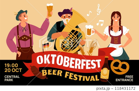 Oktoberfest invitational poster. Happy festival participants with beer pint mugs. Funny characters in traditional Bavarian costumes. German brewery holiday card. Garish vector concept 118431172
