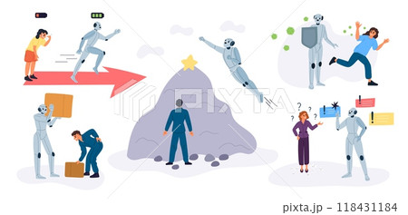 Robot vs human. People compete with androids in workplace. Artificial intelligence replaces staff. Fast task completion. Robotic technology. Challenge achievements. Garish vector set 118431184