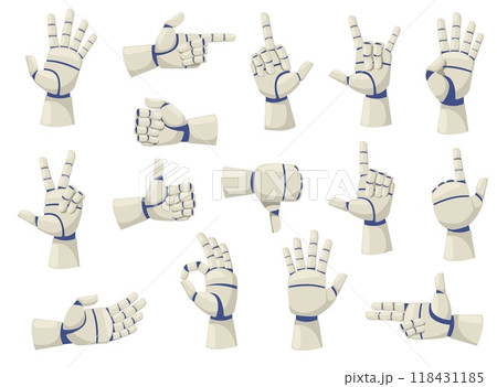 Robotic bionic hands. Mechanical human arms. Different position of fingers. Gesture to point, ok and like. Artificial intelligence technology. Automatic palms. Droid limbs vector set 118431185