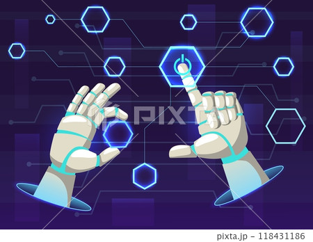 Robotic hands. Artificial intelligence moves geometric shapes. Bionic arms perform manipulations. Interactive screen. Fingers push buttons. Automatic digital technology. Vector concept 118431186