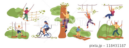 Rope park visitors. Active family entertainment. Forest climbing. Happy children and parents. Cord ladders and attractions. Person hanging at cables. Climb at tree. Garish vector set Rope park visitors. Active family entertainment. Forest climbing. Happy children and parents. Cord ladders and attractions. Person hanging at cables. Climb at tree. Garish vector set 118431187
