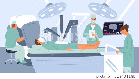 Surgeons perform surgery. Doctors making operation. Control of medical lasers. Operating table. Future technology. Robot arms manipulating. Innovative medicine. Garish vector concept 118431189
