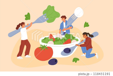 Tiny people make large salad bowl from vegetables. Guys and girls with big cutlery. Lunch food. Men hold spoons. Women eat with forks. Fresh tomato. Lettuce leaves. Garish vector concept Tiny people make large salad bowl from vegetables. Guys and girls with big cutlery. Lunch food. Men hold spoons. Women eat with forks. Fresh tomato. Lettuce leaves. Garish vector concept 118431191