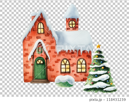 Winter snow-covered house. Christmas tree watercolor, hand painted illustration isolated on background. For designers, decoration, shop, for postcards, wrapping paper, covers. For posters and textile 118431239