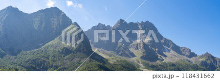 Majestic Mountain Range with Verdant Meadows and Pine Forest 118431662