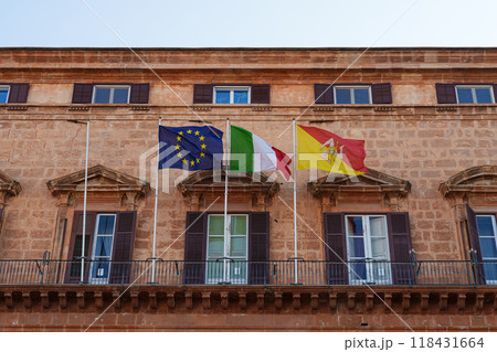 European Union, Italian, and Sicilian Flags on Palazzo dei Normanni, Palermo 118431664