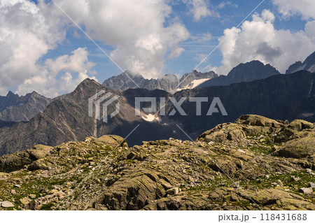 Mountain Range with Rocky Foreground and Snow-Capped Peaks Mountain Range with Rocky Foreground and Snow-Capped Peaks 118431688