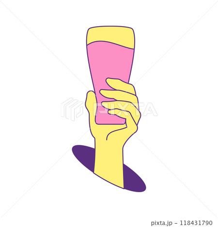 Y2k human hand holding beer glass cheers from hole contemporary pop art icon vector flat 118431790
