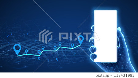 Phone mockup in hand and pins connected. Phone mobile app, gps tracker, Phone mockup in hand and pins connected. Phone mobile app, gps tracker, 118431983