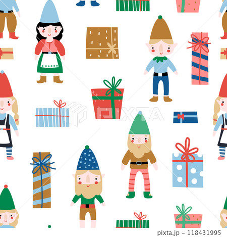 Seamless pattern with xmas elf and gifts. Seasonal background for wrapping papers, textile. Vector illustration Seamless pattern with xmas elf and gifts. Seasonal background for wrapping papers, textile. Vector illustration 118431995