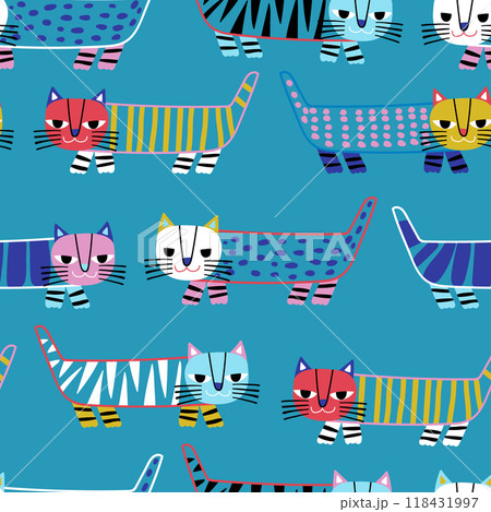 Seamless childish pattern with cute hand drawn cats. Creative colorful cat pink texture for fabric, wrapping, textile, wallpaper, apparel. Vector illustration Seamless childish pattern with cute hand drawn cats. Creative colorful cat pink texture for fabric, wrapping, textile, wallpaper, apparel. Vector illustration 118431997