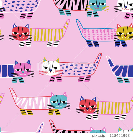 Seamless childish pattern with cute hand drawn cats. Creative colourful cat pink texture for fabric, wrapping, textile, wallpaper, apparel. Vector illustration Seamless childish pattern with cute hand drawn cats. Creative colourful cat pink texture for fabric, wrapping, textile, wallpaper, apparel. Vector illustration 118431998