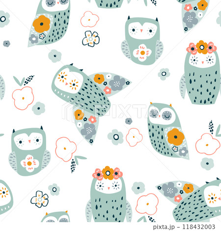 Seamless pattern with cute mint owls. Childish owl birds and flowers, white background. Ideal for fabrics, textiles, apparel, wallpaper. 118432003