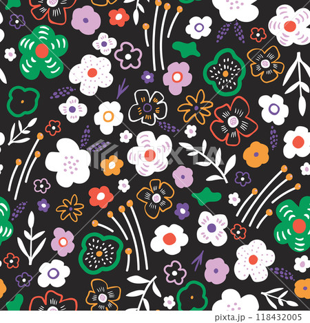 Seamless floral creative pattern. Botanical hand drawn flowers dark texture for fabric, textile. Vector illustration 118432005