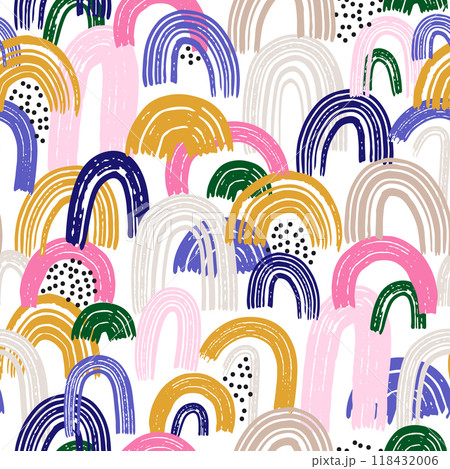 Artistic seamless pattern with abstract hand drawn rainbows drawn with ink. Colorful rainbow texture. Trendy kids vector background. 118432006