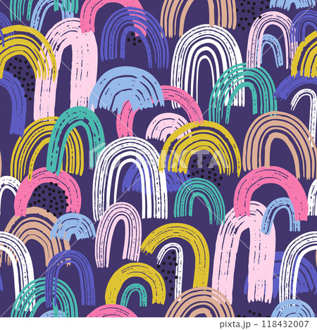 Artistic seamless pattern with abstract hand drawn rainbows drawn with ink. Colorful rainbow texture. Trendy kids vector background. 118432007