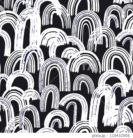 Artistic seamless pattern with abstract hand drawn rainbows drawn with ink. Monochrome rainbow texture.Trendy creative vector background. 118432008