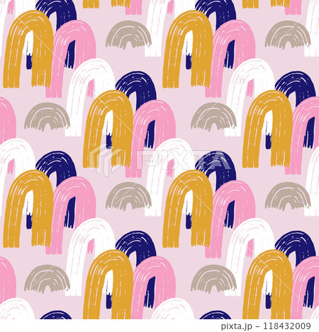 Artistic seamless pattern with abstract hand drawn rainbows drawn with ink. Colorful rainbow pastel texture. Trendy kids vector background. 118432009