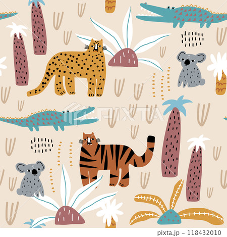 Seamless tropical pattern with tiger, cheetah, crocodile, koala and tropical florals . Childish jungle vector texture. 118432010