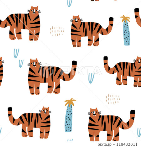 Seamless pattern with cute cartoon tigers and palms.Childish jungle vector texture. 118432011