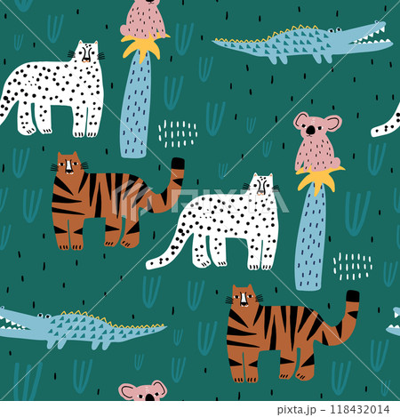 Seamless tropical pattern with tiger, cheetah, crocodile, koala and palms. Childish jungle vector texture. Seamless tropical pattern with tiger, cheetah, crocodile, koala and palms. Childish jungle vector texture. 118432014