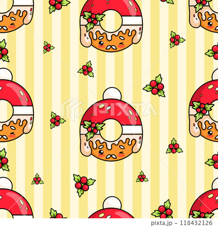 Seamless pattern with Christmas donut Santa with holly and dripping icing on yellow striped background. Funny holiday cartoon kawaii character food. Vector illustration. Seamless pattern with Christmas donut Santa with holly and dripping icing on yellow striped background. Funny holiday cartoon kawaii character food. Vector illustration. 118432126