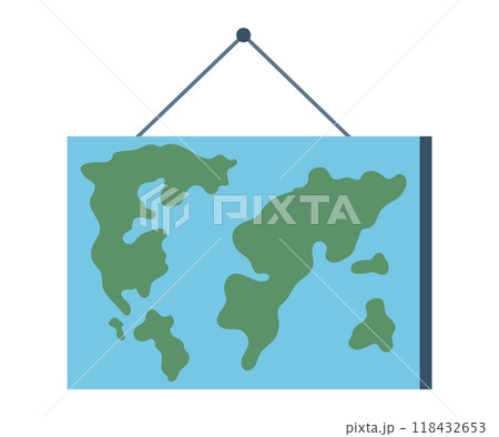 Simplified world map vector illustration hanging in frame on wall, continents seas and oceans. Climate change continues to threaten planet earth, protect future generations. Cartography and geography Simplified world map vector illustration hanging in frame on wall, continents seas and oceans. Climate change continues to threaten planet earth, protect future generations. Cartography and geography 118432653