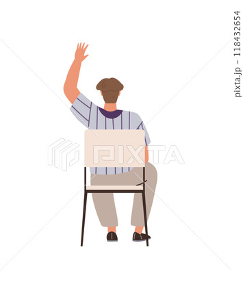 A person is seated on a chair with an arm raised, symbolizing participation. Ideal for education, learning, classroom engagement, studying, and interaction themes. Animated illustration style A person is seated on a chair with an arm raised, symbolizing participation. Ideal for education, learning, classroom engagement, studying, and interaction themes. Animated illustration style 118432654