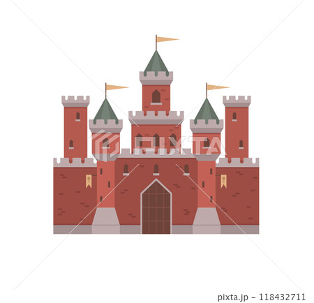 Large red-brick fortress with tall green-roofed towers and flags against a white background. Ideal for history education, fantasy themes, medieval storybooks, architectural design, and role-playing 118432711