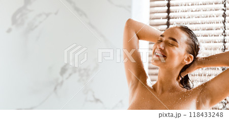 Happy Woman Washing Body And Hair Under Shower, Enjoying Cool Water Happy Woman Washing Body And Hair Under Shower, Enjoying Cool Water 118433248
