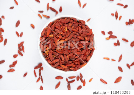 Dried Goji berries Lycium barbarum top view on a white background 118433293