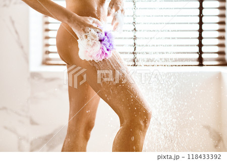 Take Shower. Woman Washing Her Legs With Sponge And Shower Gel, Crop Take Shower. Woman Washing Her Legs With Sponge And Shower Gel, Crop 118433392