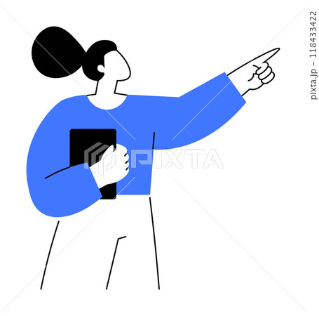 A woman with her hair in a bun, wearing a blue sweater and white pants, holds a tablet and points forward with her other hand. Ideal for business, directions, tech, presentation, and guidance themes. A woman with her hair in a bun, wearing a blue sweater and white pants, holds a tablet and points forward with her other hand. Ideal for business, directions, tech, presentation, and guidance themes. 118433422