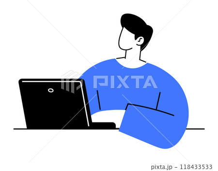 Person seated at a desk working on a laptop. Ideal for technology, work, productivity, remote working, and online education themes. Clean, minimalist style. Person seated at a desk working on a laptop. Ideal for technology, work, productivity, remote working, and online education themes. Clean, minimalist style. 118433533