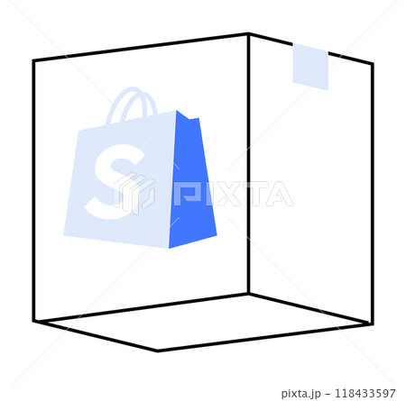 A 3D box with a blue shopping bag icon, featuring a prominent S symbol, on a white background with blue tape on the top. Ideal for online shopping, e-commerce, packaging, delivery, and branding them A 3D box with a blue shopping bag icon, featuring a prominent S symbol, on a white background with blue tape on the top. Ideal for online shopping, e-commerce, packaging, delivery, and branding them 118433597