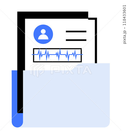 A folder containing a medical document with a profile icon and a heartbeat graph in blue and black. Ideal for healthcare, patient records, data management, medical analysis, and electronic health reco A folder containing a medical document with a profile icon and a heartbeat graph in blue and black. Ideal for healthcare, patient records, data management, medical analysis, and electronic health reco 118433601