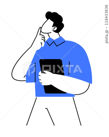 A person, wearing a blue shirt, holds a tablet in one hand while the other hand touches their chin. Ideal for business, technology, decision-making, analysis, pondering, and creative thinking themes. 118433636