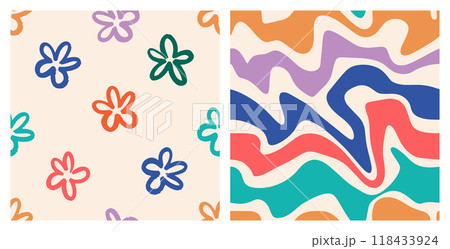 Naive playful seamless pattern set with doodle Daisy and Wavy Swirl. Contemporary colourful trendy backgrounds for kids. Trendy boho style on a beige background. 118433924