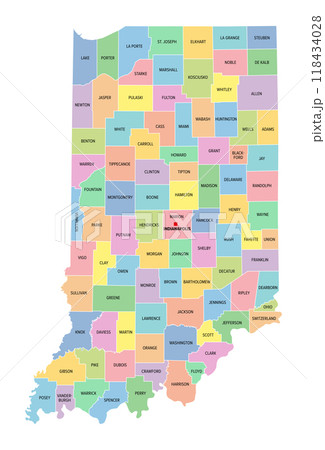 Indiana, U.S. state, subdivided into 92 counties, multi colored political map with capital Indianapolis, borders and county names. State in the Midwestern region of United States. The Hoosier State. 118434028