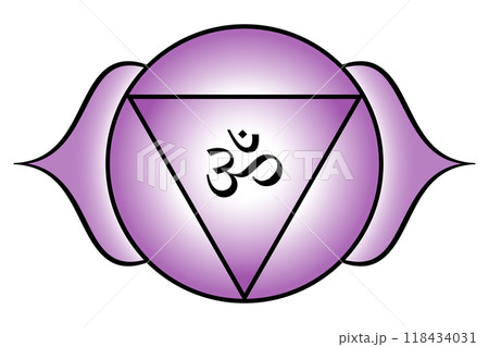 Ajna or Agya, Third eye chakra and subconscious mind. Sixth chakra located in the forehead center between the eyebrows. Violet or purple lotus with 2 petals, a downward triangle, and seed syllable Om. Ajna or Agya, Third eye chakra and subconscious mind. Sixth chakra located in the forehead center between the eyebrows. Violet or purple lotus with 2 petals, a downward triangle, and seed syllable Om. 118434031